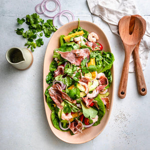 Pickled Prawn, Sweetcorn, Avocado and Prosciutto Salad with Summer Greens - Cook & Nelson