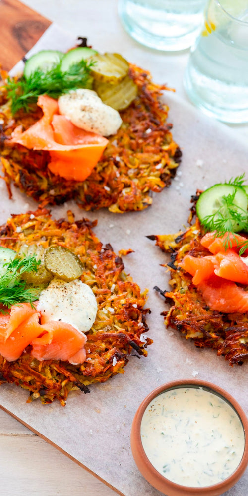 Root vegetable and pickle rosti with smoked salmon and horseradish crè