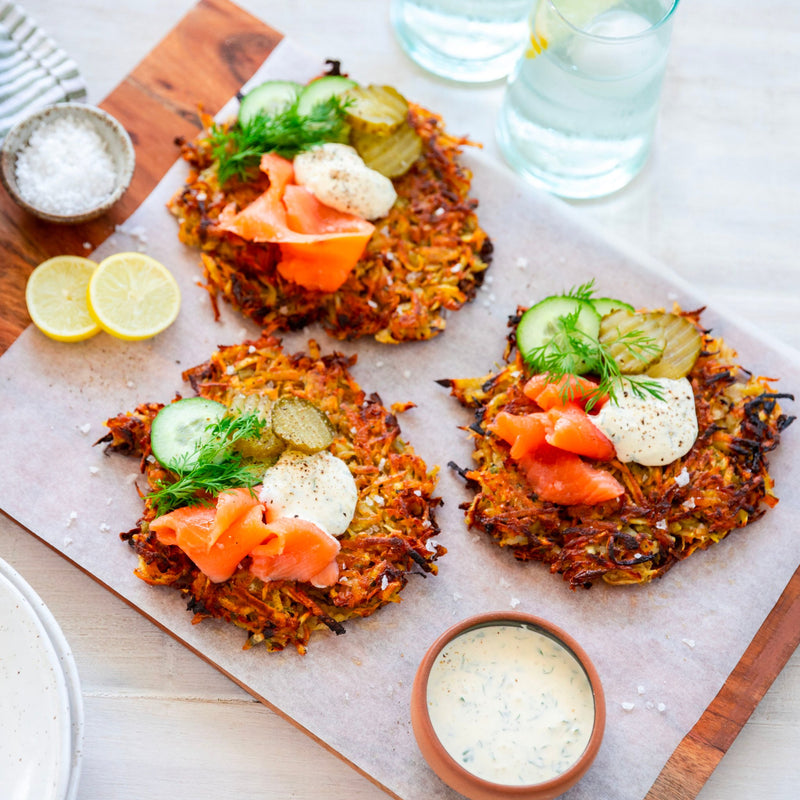 Root vegetable and pickle rosti with smoked salmon and horseradish crème fraiche - Cook & Nelson