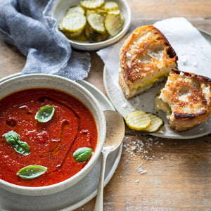 Smoky Tomato Soup with Cheese & Pickle Toasties (Vegan friendly) - Cook & Nelson