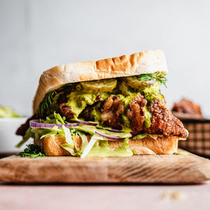 Southern-Fried Pickled Fish Sandwiches with Pickle Green Goddess Sauce and Pickle Salt Chips - Cook & Nelson